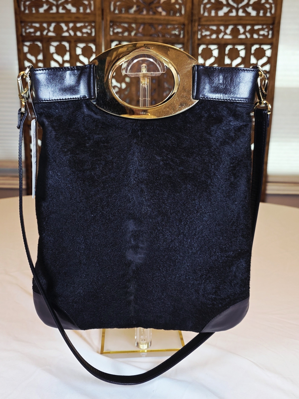 Vintage Valentino Garavani Black Calf/ Pony Hair w Leather Gold Oval Handle Bag.